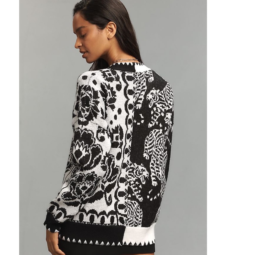 FARM Rio Black & White Mixed Striped Tigers Buttoned Knit Cardigan in Small NWT - Picture 2 of 13